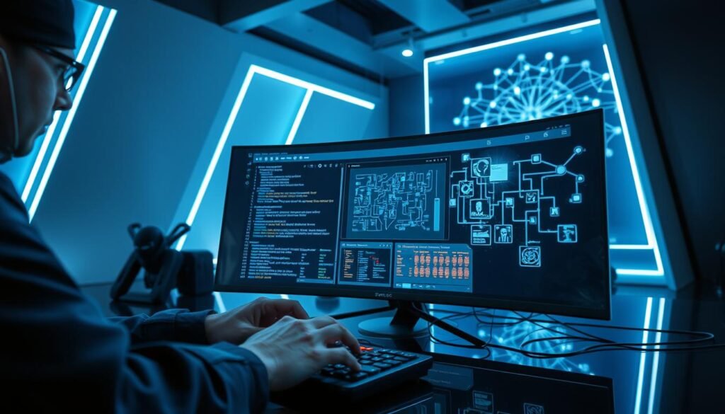 A sleek, high-tech cybersecurity workspace with multiple holographic displays showcasing advanced dirb techniques. In the foreground, a skilled hacker manipulates a command-line interface, their fingers dancing across a tactile keyboard. The middle ground features a large, curved monitor displaying a sophisticated web vulnerability scanning tool, its intricate visuals reflecting off the dark tempered glass surface. In the background, a network topology diagram pulses with data streams, hinting at the complex systems being probed. Subtle blue and green lighting casts an aura of analytical precision, while angular architectural elements suggest a minimalist, future-forward aesthetic.