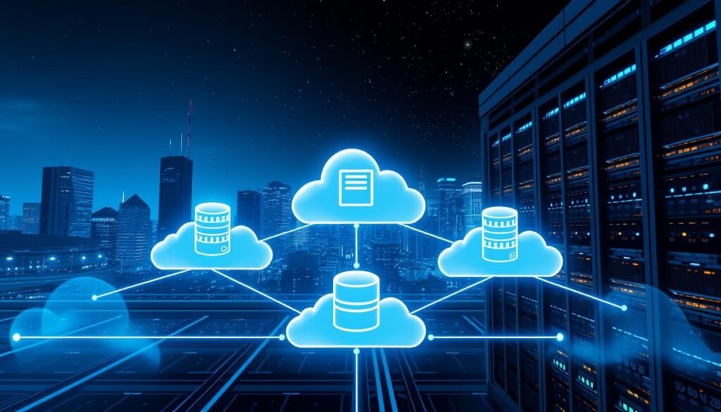 A sleek, high-tech network diagram showcasing secure MySQL database connectivity. In the foreground, a server rack with blinking LED lights symbolizes the database infrastructure. In the middle ground, cloud-like shapes depict encrypted network traffic between clients and the database. In the background, a cityscape with skyscrapers and a starry night sky sets the scene. The lighting is a cool, futuristic blue, creating a sense of sophistication and security. The camera angle is slightly elevated, providing an overview of the entire setup. The mood is one of technological prowess and data protection. A sleek, high-tech network diagram showcasing secure MySQL database connectivity. In the foreground, a server rack with blinking LED lights symbolizes the database infrastructure. In the middle ground, cloud-like shapes depict encrypted network traffic between clients and the database. In the background, a cityscape with skyscrapers and a starry night sky sets the scene. The lighting is a cool, futuristic blue, creating a sense of sophistication and security. The camera angle is slightly elevated, providing an overview of the entire setup. The mood is one of technological prowess and data protection.