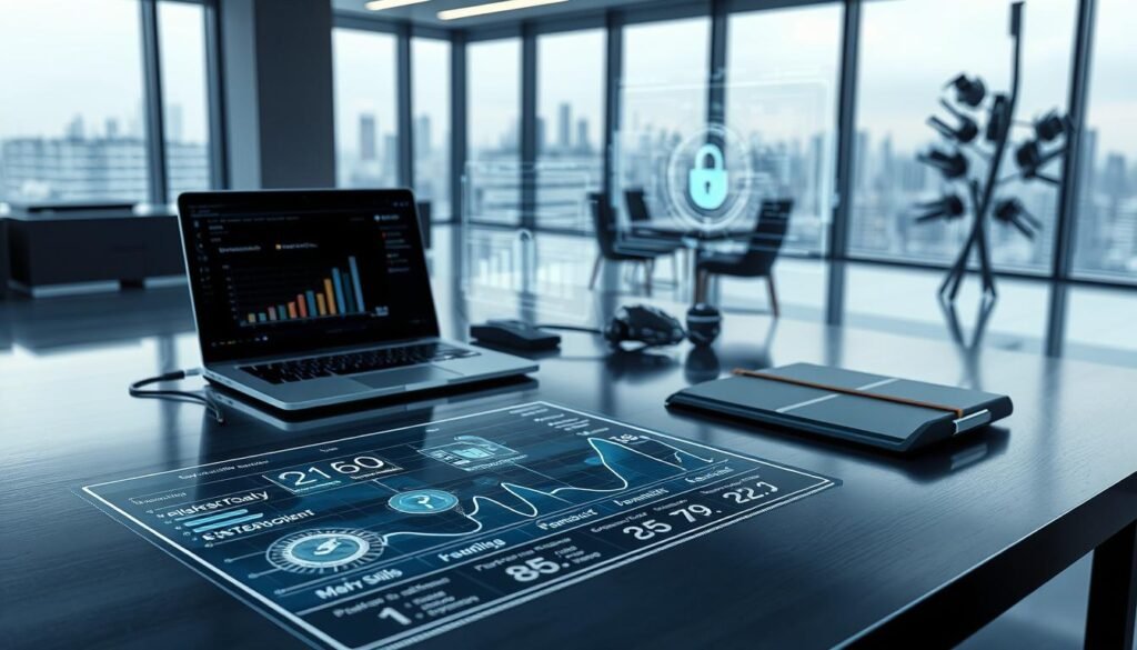 A sleek, metallic desk setup with a laptop, tablet, and various cybersecurity tools. The foreground features a stylized graph or chart showcasing different cybersecurity skills and metrics. The middle ground depicts a holographic display projecting data visualizations and security analytics. The background has a sophisticated, minimalist workspace with futuristic lighting and a city skyline visible through large windows. The overall scene conveys a professional, high-tech environment for assessing and developing cybersecurity expertise.