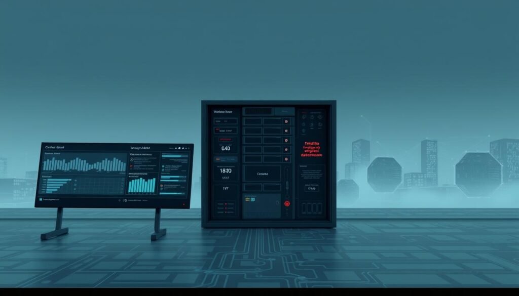 A sleek, minimalist Windows Server interface dominates the frame, its clean lines and subtle shades of gray conveying a sense of enterprise-grade security. In the foreground, a series of sophisticated monitoring panels display real-time network traffic, vulnerability assessments, and threat detection alerts, all rendered with meticulous attention to detail. The middle ground features a tactile, three-dimensional representation of the server's underlying architecture, with interconnected components and secure access points visible. The background subtly fades into a hazy, technical landscape, suggesting the broader cybersecurity ecosystem that this Windows Server system is tasked with protecting. The overall tone is one of professionalism, reliability, and unwavering vigilance.