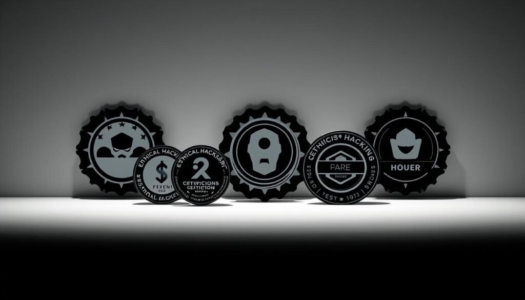 A sleek, minimalist composition showcasing a collection of ethical hacking certification logos and badges. The certifications are displayed against a clean, monochrome background, with a subtle grid-like pattern providing a structured backdrop. Soft, directional lighting illuminates the certifications, casting subtle shadows and highlights to accentuate their design elements. The overall mood is one of professionalism, expertise, and the pursuit of cybersecurity knowledge. The image conveys a sense of accomplishment and the dedication required to attain these valuable certifications in the field of ethical hacking.