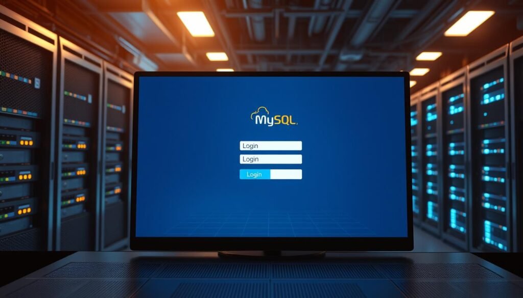 A sleek, minimalist database interface with a prominent login screen showcasing a MySQL logo. The screen is bathed in a soft, warm light, creating a professional and secure atmosphere. In the foreground, a user avatar and login fields are displayed, emphasizing the authentication process. The middle ground features a clean, grid-like layout of database tables and columns, hinting at the structured data management. The background subtly depicts server racks and networking equipment, conveying the robust infrastructure powering the MySQL database. The overall composition conveys the importance of secure user access and authentication in maintaining a well-protected MySQL database. A sleek, minimalist database interface with a prominent login screen showcasing a MySQL logo. The screen is bathed in a soft, warm light, creating a professional and secure atmosphere. In the foreground, a user avatar and login fields are displayed, emphasizing the authentication process. The middle ground features a clean, grid-like layout of database tables and columns, hinting at the structured data management. The background subtly depicts server racks and networking equipment, conveying the robust infrastructure powering the MySQL database. The overall composition conveys the importance of secure user access and authentication in maintaining a well-protected MySQL database.