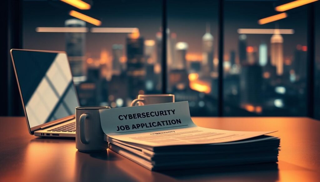 A sleek, minimalist desk with a laptop, coffee mug, and a stack of documents labeled "Cybersecurity Job Application." Warm, focused lighting illuminates the scene, creating a professional, goal-oriented atmosphere. In the background, a blurred city skyline hints at the dynamic, tech-driven environment of the cybersecurity industry. The arrangement conveys a sense of preparation, attention to detail, and a commitment to a career in the field of cybersecurity.