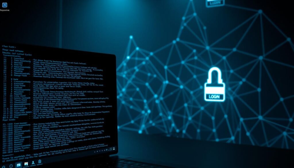 A sleek, minimalist desktop interface with a dark, moody atmosphere. In the foreground, a command prompt window displays lines of code and terminal commands, hinting at the process of password cracking. The middle ground features a stylized network login screen, its login fields and buttons glowing with a faint, digital light. In the background, a complex web of interconnected nodes and lines represents the intricate network topology, conveying the scale and complexity of the task at hand. The scene is illuminated by cool, directional lighting, casting dramatic shadows and highlights that accentuate the technical details. An air of focus and determination pervades the image, reflecting the strategic nature of the password cracking process.