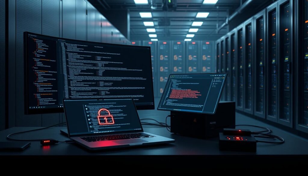 A sleek, minimalist desktop workspace with multiple screens displaying complex code and cryptographic algorithms. The foreground features a stylized laptop with a blinking terminal window, surrounded by an array of sophisticated hacking tools and hardware devices. The middle ground showcases a 3D-rendered model of a password cracking software interface, its interface glowing with neon-like highlights. In the background, a dimly lit data center with rows of server racks and blinking indicator lights, conveying a sense of power and technical mastery. The overall mood is one of intense focus, technological prowess, and the thrill of unlocking digital secrets.