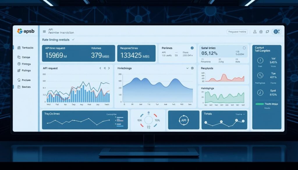A sleek, minimalist digital dashboard displaying real-time traffic metrics and rate limiting controls. In the foreground, a series of intuitive graphs and charts track API request volumes, response times, and throttling thresholds. The middle ground features a clean interface with toggles and sliders to fine-tune rate limiting policies. The background depicts a subtle backdrop of network topology, hinting at the underlying infrastructure powering the monitoring system. Crisp, high-contrast visuals create a sense of precision and control, complemented by a cool, muted color palette that evokes a professional, enterprise-grade aesthetic. A sleek, minimalist digital dashboard displaying real-time traffic metrics and rate limiting controls. In the foreground, a series of intuitive graphs and charts track API request volumes, response times, and throttling thresholds. The middle ground features a clean interface with toggles and sliders to fine-tune rate limiting policies. The background depicts a subtle backdrop of network topology, hinting at the underlying infrastructure powering the monitoring system. Crisp, high-contrast visuals create a sense of precision and control, complemented by a cool, muted color palette that evokes a professional, enterprise-grade aesthetic.