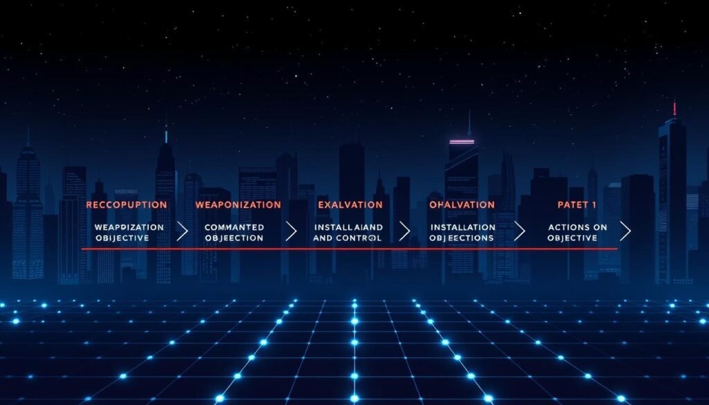A sleek, minimalist digital illustration depicting the stages of the Cyber Kill Chain. In the foreground, a stylized, low-poly representation of the seven steps - reconnaissance, weaponization, delivery, exploitation, installation, command and control, and actions on objectives. Rendered in a cool, metallic color palette with subtle glowing accents, evoking a sense of technological sophistication. The middle ground features a grid-like network of interconnected nodes, representing the complex web of cybersecurity threats. In the background, a dark, moody cityscape with towering skyscrapers silhouetted against a starry, night sky, conveying the high-stakes, high-tech nature of modern cyber attacks. Dramatic lighting creates depth and a cinematic atmosphere, guiding the viewer's focus to the central Cyber Kill Chain elements.