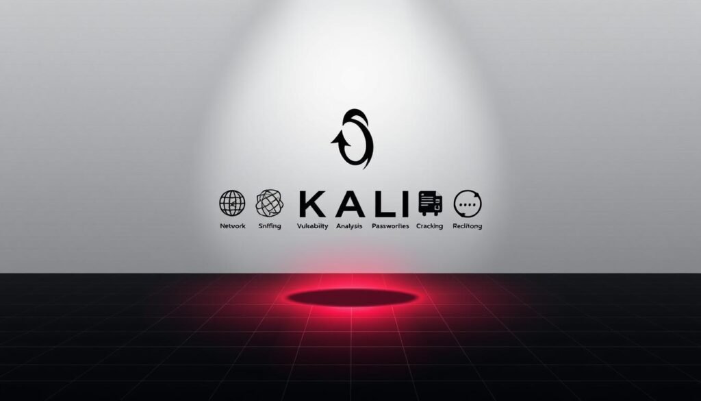 A sleek, minimalist digital illustration showcasing the key features of Kali Linux, the premier penetration testing and ethical hacking distribution. In the foreground, a stylized Kali logo hovers amidst a clean, monochrome backdrop, casting a subtle shadow. In the middle ground, a series of bold, iconic symbols representing Kali's core tools and functionalities - network sniffing, vulnerability analysis, password cracking, and more - are arranged in a visually striking layout. The background features a subdued, technical grid pattern, hinting at the powerful underlying architecture of the Kali operating system. The overall aesthetic is one of sophistication, precision, and the cutting edge of cybersecurity. A sleek, minimalist digital illustration showcasing the key features of Kali Linux, the premier penetration testing and ethical hacking distribution. In the foreground, a stylized Kali logo hovers amidst a clean, monochrome backdrop, casting a subtle shadow. In the middle ground, a series of bold, iconic symbols representing Kali's core tools and functionalities - network sniffing, vulnerability analysis, password cracking, and more - are arranged in a visually striking layout. The background features a subdued, technical grid pattern, hinting at the powerful underlying architecture of the Kali operating system. The overall aesthetic is one of sophistication, precision, and the cutting edge of cybersecurity.