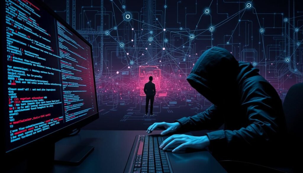 A sleek, minimalist digital landscape depicting SQL injection vulnerabilities. In the foreground, a sophisticated hacking terminal with lines of code and cryptic symbols flashing across the screen. In the middle ground, a shadowy figure hunched over the keyboard, their face obscured by the glow of the monitor. In the background, a complex network of interconnected nodes and data streams, hinting at the vast scope of the vulnerability. The scene is bathed in a cool, cyberpunk-inspired lighting, with bold contrasts and a sense of technological unease. The overall mood is one of strategic probing, uncovering weaknesses, and the power of information in the digital realm.