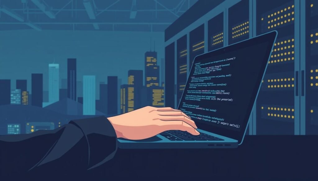 A sleek, minimalist illustration of ethical hacking. In the foreground, a skilled hacker's hands confidently typing on a laptop, their screen displaying intricate lines of code. The middle ground features a stylized, futuristic cityscape, hinting at the scope and impact of ethical hacking. In the background, a dimly lit server room with blinking lights, conveying the technical complexity of cybersecurity. The overall mood is one of focused, disciplined professionalism, emphasizing the importance of ethical hacking in safeguarding digital systems.