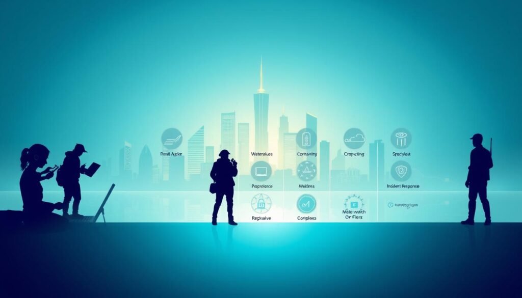 A sleek, minimalist illustration of key cybersecurity career paths. The foreground features silhouettes of professionals in various cybersecurity roles - a security analyst monitoring data streams, an ethical hacker probing system vulnerabilities, a compliance officer reviewing policies. The middle ground showcases cybersecurity specializations like network security, cloud security, and incident response, each represented by stylized icons. The background depicts a serene, futuristic cityscape with glowing skyscrapers, hinting at the digital landscape in which these careers thrive. The scene is bathed in a cool, ethereal light, conveying the precise, technical nature of the cybersecurity field.