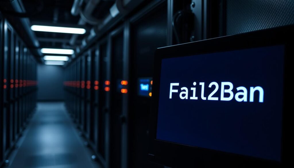 A sleek, minimalist server rack set against a dimly lit, industrial background. In the foreground, a command-line terminal displays the Fail2Ban logo, symbolizing its role in protecting the server from brute force attacks. The terminal's screen emits a soft, blue glow, casting a subtle light on the server hardware. In the middle ground, network cables and blinking indicator lights suggest the server's secure, well-monitored state. The overall scene conveys a sense of cybersecurity, technical expertise, and the reliable safeguarding of the server's SSH access.