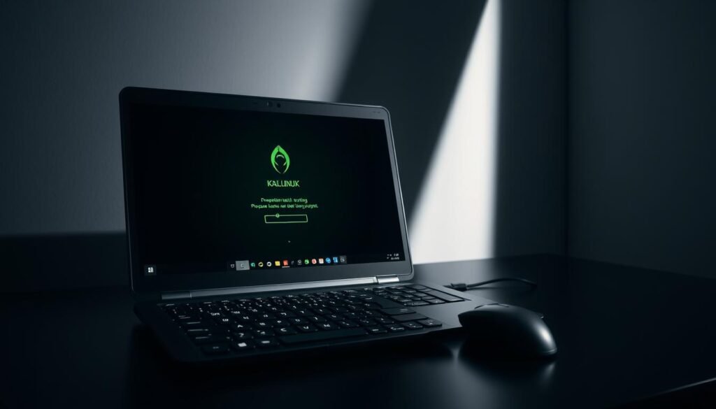 A sleek, minimalist setup of the Kali Linux operating system, showcased on a matte black laptop against a dimly lit, moody backdrop. The screen displays the Kali Linux login interface, its iconic green and black color scheme reflecting off the laptop's aluminum chassis. In the foreground, a tactile mechanical keyboard and a precision mouse lay ready for penetration testing commands. Soft, directional lighting illuminates the scene, casting dramatic shadows and emphasizing the technical, professional atmosphere. The overall composition conveys a sense of focus, power, and the tools necessary for effective cybersecurity exploration.