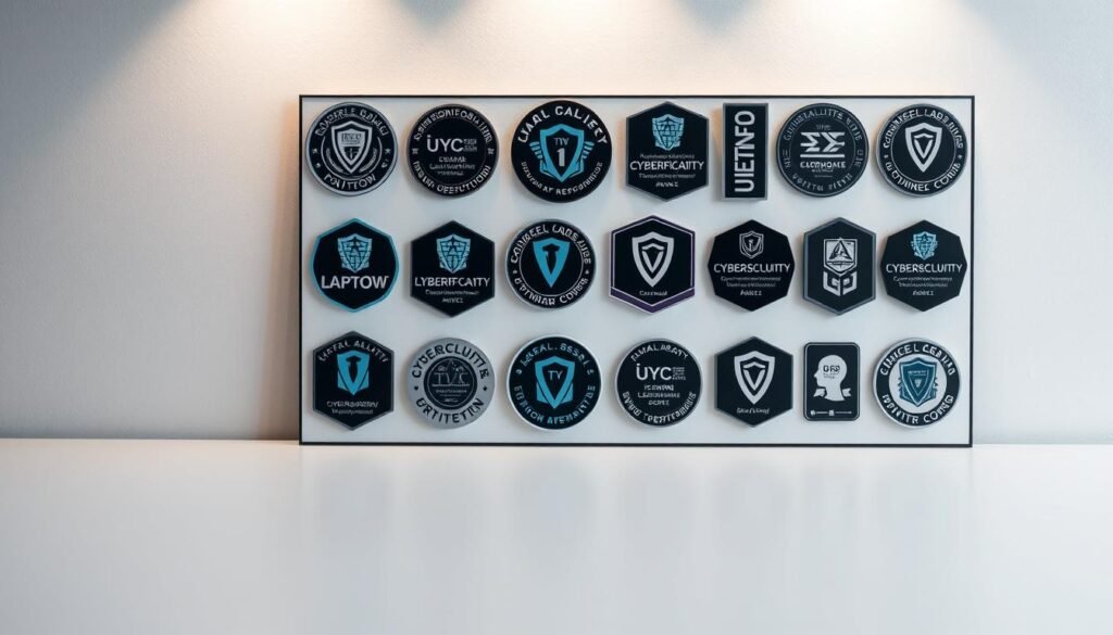 A sleek, minimalist table top display showcasing a collection of cybersecurity certification badges and logos. The badges are arranged in a grid-like pattern, each one crisp and well-defined, illuminated by soft, directional lighting from above. The background is a clean, neutral tone, allowing the certifications to take center stage. The overall composition conveys a sense of professionalism, expertise, and the dedication required to obtain these important cybersecurity credentials.