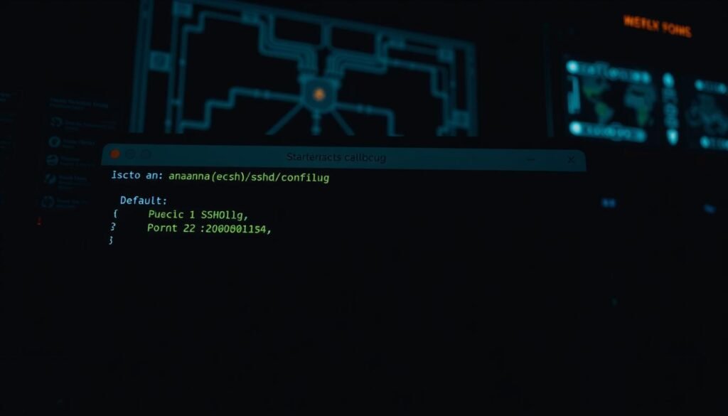 A sleek, modern Linux server terminal screen, dimly lit with a soft, warm glow. In the foreground, a command prompt is open, the cursor blinking as the user types the command "sudo nano /etc/ssh/sshd_config". The configuration file is displayed, with the line "Port 22" highlighted, indicating the default SSH port. In the background, a network diagram or server rack is visible, conveying the technical context. The overall mood is one of focus and problem-solving, with a subtle sense of importance and security awareness.