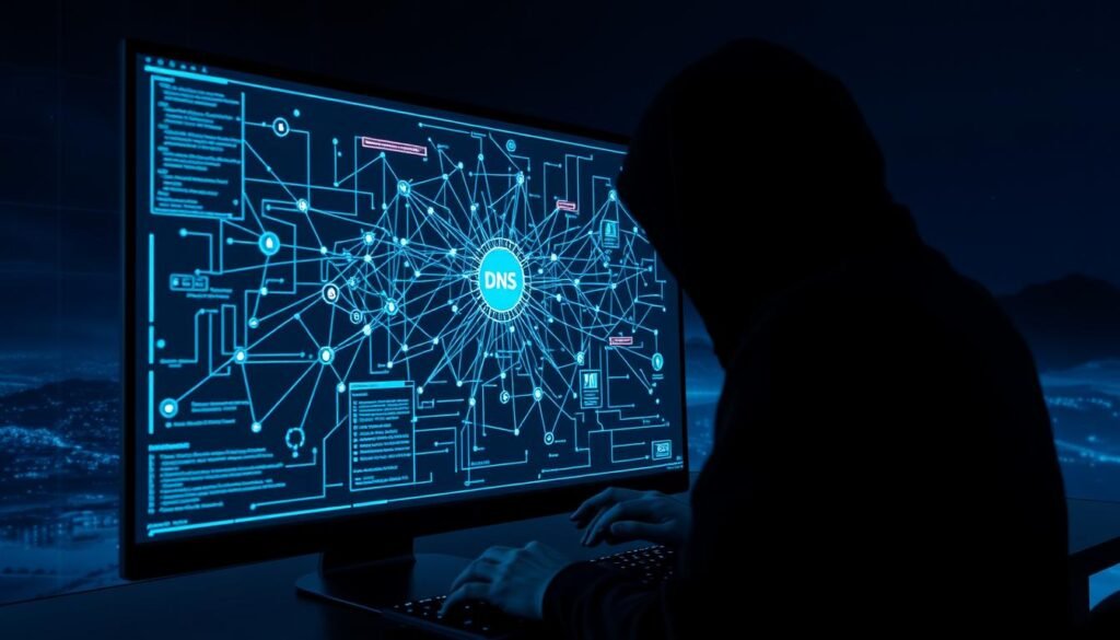 A sleek, modern computer display showcases a complex network diagram, with lines and nodes representing the intricate web of DNS (Domain Name System) connections. In the foreground, a shadowy figure manipulates the system, their hands darting across the keyboard as they initiate a DNS spoofing attack. The scene is bathed in a cool, blue-tinted lighting, evoking a sense of techno-thriller suspense. The background fades into a dark, abstract landscape, hinting at the larger cybersecurity implications of this malicious act. The overall image conveys the stealthy, disruptive nature of DNS spoofing, a critical vulnerability that can be exploited by cyber attackers.
