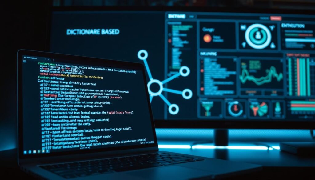 A sleek, modern computer display showcases a dictionary-based attack mechanism in action. In the foreground, a minimalistic command line interface displays lines of code executing a targeted directory traversal. The middle ground features a stylized network diagram, with secure connections and access points highlighted. In the background, a sophisticated cybersecurity dashboard monitors system activity, providing real-time analysis and threat detection. The scene is illuminated by a soft, cool-toned lighting, conveying a sense of precision and technical prowess. The overall composition suggests the methodical, calculated nature of this attack technique, aligning with the subject of "How Dirb Works: The Basics".