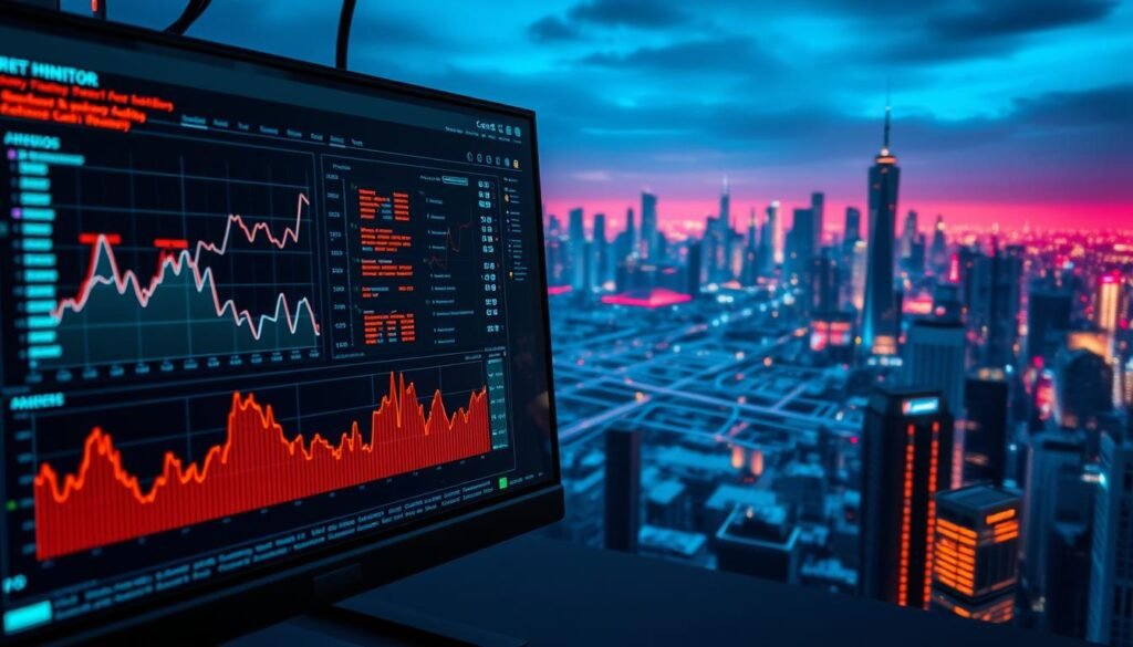 A sleek, modern computer display showcases a network monitoring dashboard. In the foreground, a series of graphs and charts visualize network activity, with spikes and anomalies indicating potential port scan attacks. The middle ground features a detailed network topology map, with nodes and connections pulsing with data flow. In the background, a cityscape of skyscrapers and data centers creates a sense of scale and the broader digital landscape. The scene is illuminated by a cool, neon-tinged lighting scheme, conveying the high-stakes, technological nature of cybersecurity. The overall mood is one of vigilance, analysis, and the constant need to stay ahead of evolving threats.