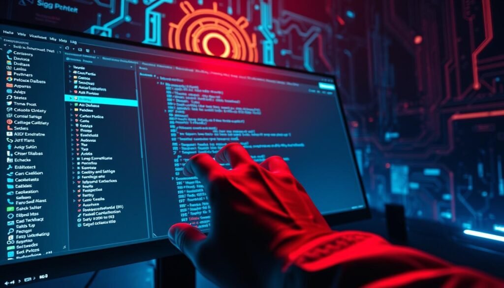 A sleek, modern computer display showcases the SQLMap interface, its menu options and command-line prompts visible. In the foreground, a hand deftly navigates the software, tactfully exploiting a database, conveying a sense of precision and control. The background depicts a sophisticated, dimly lit cybersecurity landscape, with lines of code and digital schematics casting an ominous yet alluring glow. The scene exudes an atmosphere of technical mastery, vulnerability, and the delicate balance of power inherent in database exploitation.
