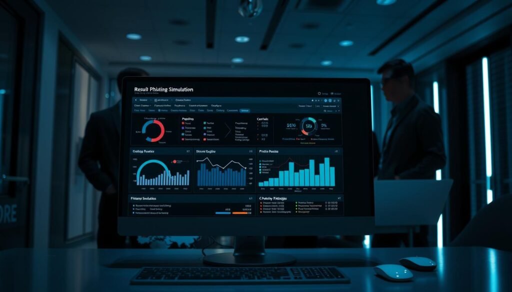 A sleek, modern computer display showcases the results of a phishing simulation. The foreground features a detailed dashboard with charts, graphs, and analytics data, providing a comprehensive overview of the simulation's outcomes. The middle ground depicts a team of cybersecurity professionals reviewing the results, their expressions thoughtful and focused. In the background, a dimly lit office setting with clean lines and muted colors creates a professional, tech-savvy atmosphere. Soft, directional lighting from the side casts subtle shadows, adding depth and drama to the scene. The overall mood is one of analytical precision, with the image conveying the importance of understanding the impact of a phishing attack through careful data analysis.