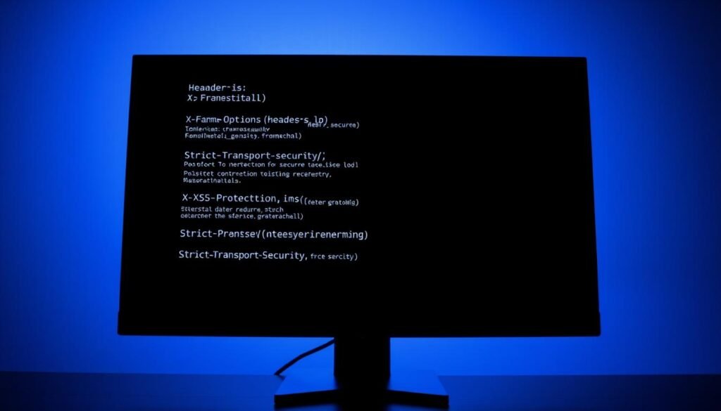 A sleek, modern computer monitor displaying a series of security headers, such as X-Frame-Options, X-XSS-Protection, and Strict-Transport-Security, against a dimly lit, minimalist background. The headers are prominently featured, their values and configuration settings clearly visible, with a subtle grid or matrix-like pattern in the background, hinting at the technical aspects of web security. The lighting is soft and directional, casting subtle shadows and highlights on the monitor, creating a sense of depth and dimension. The overall mood is one of professionalism, attention to detail, and the importance of ensuring a secure web presence. A sleek, modern computer monitor displaying a series of security headers, such as X-Frame-Options, X-XSS-Protection, and Strict-Transport-Security, against a dimly lit, minimalist background. The headers are prominently featured, their values and configuration settings clearly visible, with a subtle grid or matrix-like pattern in the background, hinting at the technical aspects of web security. The lighting is soft and directional, casting subtle shadows and highlights on the monitor, creating a sense of depth and dimension. The overall mood is one of professionalism, attention to detail, and the importance of ensuring a secure web presence.