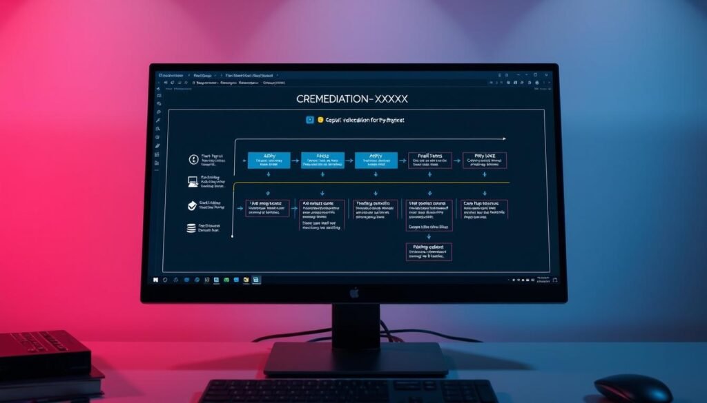 A sleek, modern computer screen displaying a detailed workflow diagram showcasing the remediation steps for CVE-2024-XXXXX. The diagram features clear, labeled icons and visuals that guide the viewer through the process, including identifying the vulnerability, assessing the impact, applying patches, and verifying the resolution. The screen is set against a clean, minimalist backdrop, with soft, directional lighting illuminating the workspace. The overall impression is one of efficiency, professionalism, and technical expertise, conveying the seriousness and importance of the remediation process.