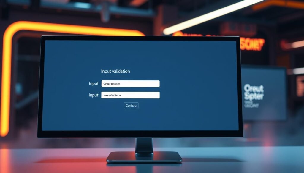 A sleek, modern computer screen displaying a form with input fields, conveying the concept of input validation. The screen is bathed in a soft, ambient lighting, creating a professional and secure atmosphere. The input fields are highlighted, emphasizing their importance as the first line of defense against potential SQL injection attacks. The layout is clean and minimalistic, with subtle grid lines and a subtle gradient background, suggesting order and attention to detail. The overall impression is one of a robust, well-designed system that prioritizes security and user experience. A sleek, modern computer screen displaying a form with input fields, conveying the concept of input validation. The screen is bathed in a soft, ambient lighting, creating a professional and secure atmosphere. The input fields are highlighted, emphasizing their importance as the first line of defense against potential SQL injection attacks. The layout is clean and minimalistic, with subtle grid lines and a subtle gradient background, suggesting order and attention to detail. The overall impression is one of a robust, well-designed system that prioritizes security and user experience.