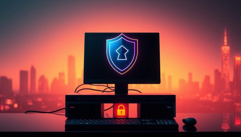 A sleek, modern computer workstation with a stylized security shield icon hovering over it, representing the concept of preventing rootkit infections. The workstation is bathed in warm, ambient lighting, creating a sense of safety and protection. In the background, a minimalist cityscape silhouette suggests a larger technological landscape. The overall mood is one of proactive cybersecurity, with a focus on the tools and measures needed to safeguard a system from the hidden threats of rootkits.