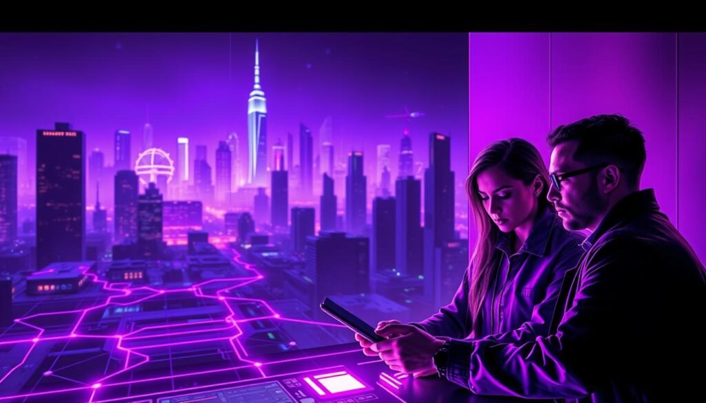 A sleek, modern cybersecurity landscape with a vibrant purple team at the forefront. In the foreground, a group of skilled professionals collaborating on a holistic security strategy, their expressions focused and determined. The middle ground features a complex digital infrastructure, with interconnected systems and data flows represented by glowing purple lines and geometric shapes. In the background, a cityscape of towering skyscrapers and futuristic technology, bathed in a warm, enigmatic purple hue that exudes a sense of innovation and security. Soft, directional lighting casts dramatic shadows, highlighting the depth and dimensionality of the scene. The overall atmosphere conveys the power, efficiency, and strategic benefits of a well-implemented purple team approach to cybersecurity.