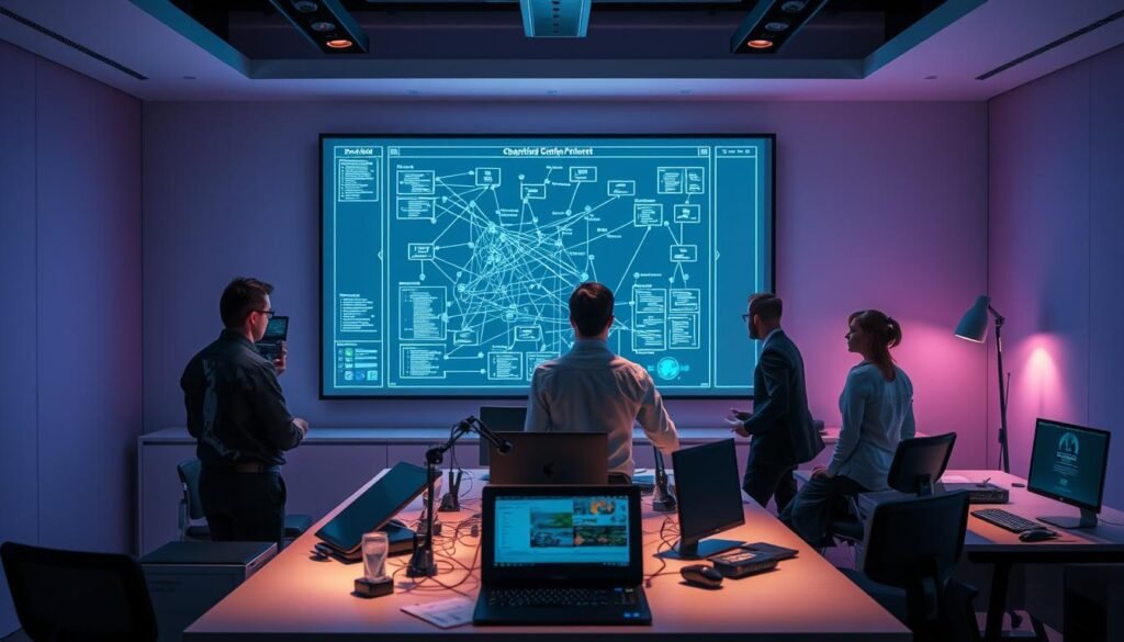 A sleek, modern cybersecurity office with a focused team collaborating on a complex network diagram projected on a large wall-mounted display. The team, dressed in professional attire, analyzes the diagram, discussing potential threats and mitigation strategies. Soft, directional lighting casts dramatic shadows, conveying a sense of intensity and purpose. The room is stylishly appointed with minimalist furniture and accents in shades of purple, hinting at the specialized "purple team" function. An array of networked devices and security tools are neatly arranged on desks, reflecting the team's technical expertise. The overall scene exudes a sense of strategic planning, proactive defense, and a commitment to safeguarding the organization's digital assets.