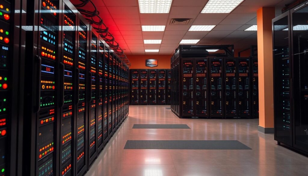 A sleek, modern data center filled with rows of gleaming server racks, their LED status lights blinking in a rhythmic pattern. The servers are arranged neatly, with clean cable management and efficient cooling systems visible. The room is bathed in a soft, ambient lighting that casts a warm glow, conveying a sense of technological sophistication. The floor is made of a durable, anti-static material, and the walls are painted in neutral tones to create a professional, enterprise-grade atmosphere. The scene exudes an air of precision, control, and advanced computing power, perfectly suited for a high-performance Red Team lab.