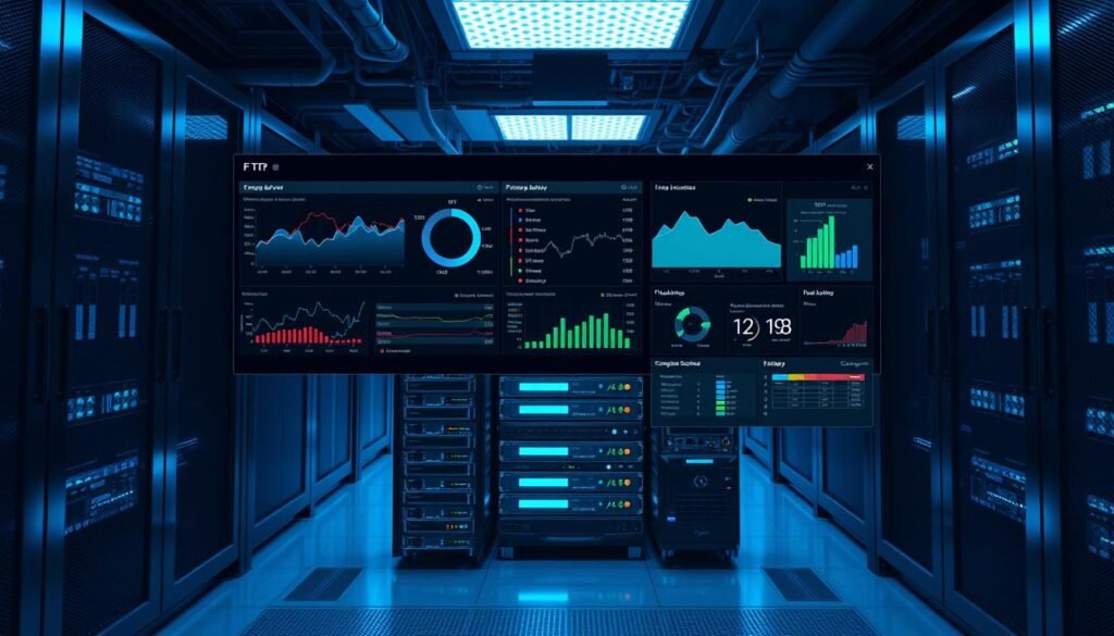 A sleek, modern data center server room, dimly lit with cool blue and white tones. In the foreground, a high-resolution display shows real-time monitoring of an FTP server's activity, with graphs, logs, and analytics providing insights into user connections, file transfers, and potential security threats. The middle ground features the server hardware itself, a stack of enterprise-grade networking equipment humming with activity. In the background, a minimalist interface overlays the scene, showcasing customizable dashboards and alerts for proactive FTP server management. The overall atmosphere conveys a sense of control, security, and technical proficiency in safeguarding the FTP infrastructure.