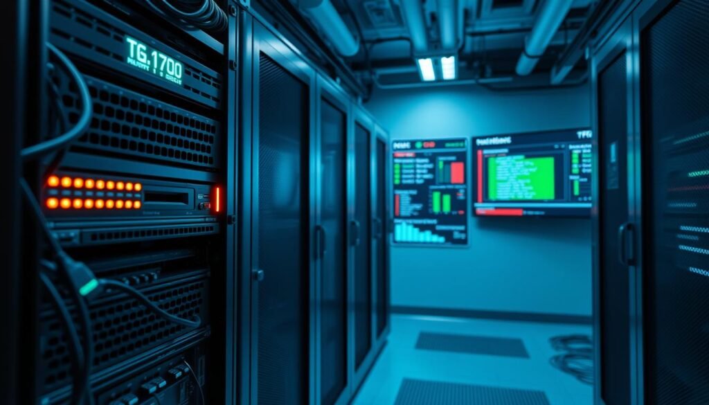 A sleek, modern data center with a focus on a secure FTP server setup. In the foreground, a rack-mounted server with blinking status lights, surrounded by network cables and switches. The middle ground features a control panel displaying configuration options and security settings. In the background, a wall-mounted display shows real-time monitoring of access attempts and login history. The lighting is cool and technical, with subtle blue and green hues. The overall scene conveys a sense of professionalism, attention to detail, and a proactive approach to securing the FTP server against potential threats.
