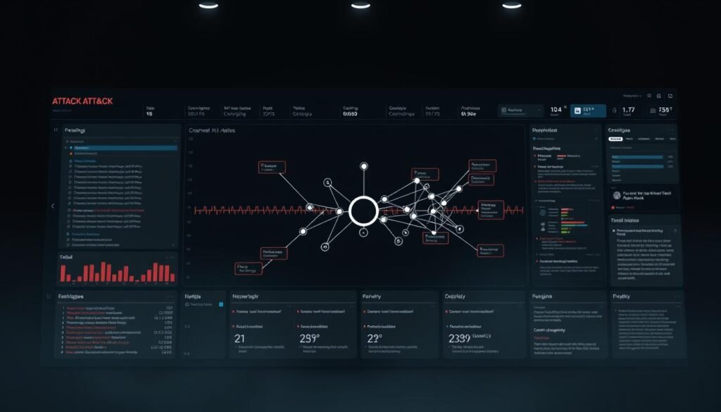 A sleek, modern data visualization dashboard displaying a complex attack chain diagram. The foreground features a central graph with interconnected nodes and edges, representing the various stages and techniques of a cyber attack as defined by the MITRE ATT&CK framework. The nodes are rendered in a minimalist, high-contrast style, with clean lines and subtle textures. The middle ground showcases additional contextual information such as a timeline, statistical metrics, and detailed attack descriptions. The background is a dark, muted palette, creating a sense of depth and emphasizing the technical nature of the analysis. Dramatic studio lighting casts dramatic shadows, conveying the gravity and importance of understanding such attack vectors. The overall composition is balanced, directing the viewer's attention to the core analytical elements.