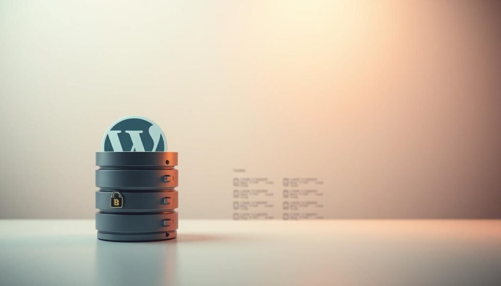 A sleek, modern database interface set against a minimalist backdrop. The foreground showcases a stylized WordPress logo over a clean, organized database structure with secure-looking encryption protocols. The middle ground features a series of detailed database tables, columns, and indices, conveying a sense of the inner workings of a WordPress site. The background is a softly blurred, neutral-toned environment, allowing the database elements to take center stage. Subtle, warm lighting creates depth and emphasizes the technical precision of the scene. The overall impression is one of a well-protected, efficiently-managed WordPress database, ready to withstand the threats of the future.