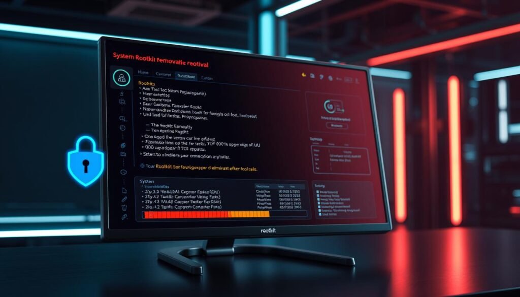 A sleek, modern desktop computer screen displaying a sophisticated rootkit removal interface. In the foreground, a stylized security icon and a progress bar visually represent the system scanning and eliminating the rootkit threat. The middle ground showcases detailed system information and diagnostic logs, providing a technical overview of the rootkit's infiltration and the remediation process. The background features a minimalist, dark-toned user interface with clean lines and subtle glowing accents, conveying a sense of high-tech professionalism and digital security. Crisp lighting and camera angles highlight the precision and efficiency of the rootkit removal operation.