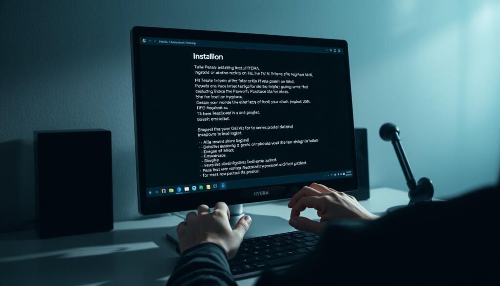 A sleek, modern desktop computer sits on a clean, minimalist workstation. The screen displays detailed installation instructions for Hydra, a powerful password cracking tool. The user's hands are visible, carefully following the on-screen steps, their focus intense. Soft, directional lighting casts dramatic shadows, creating a sense of depth and drama. The background is blurred, drawing the viewer's attention to the installation process unfolding in the foreground. The overall mood is one of technicality, precision, and the thrill of exploring cybersecurity tools.