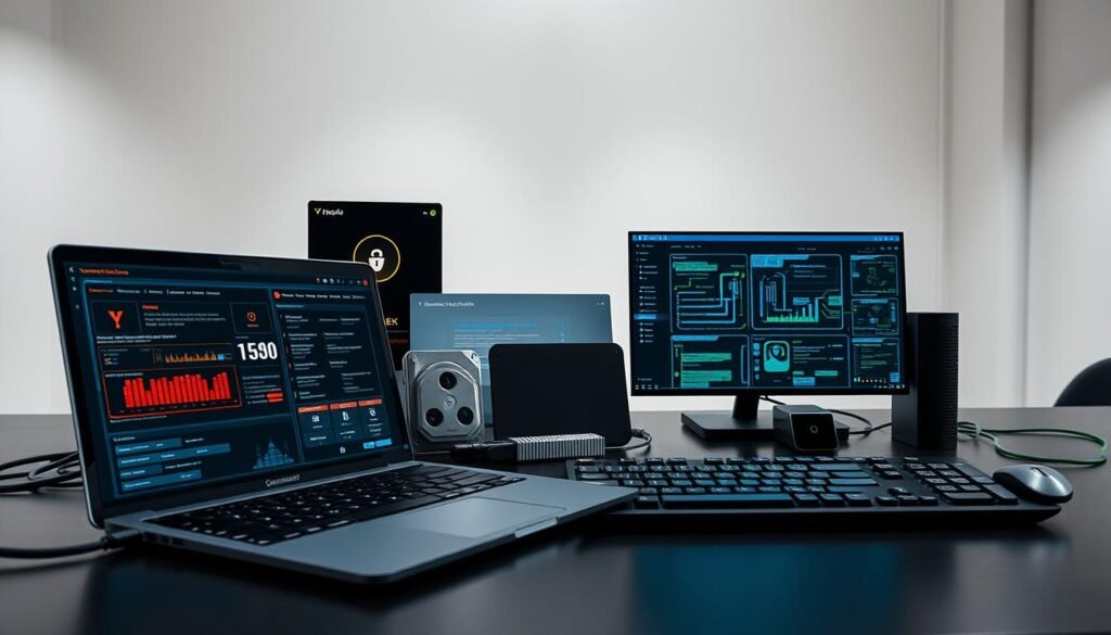 A sleek, modern desktop with an array of cybersecurity tools laid out in an organized, professional manner. In the foreground, a sophisticated laptop with a detailed display showing system diagnostics and vulnerability assessments. Flanking it, a selection of stylish hardware security keys, a state-of-the-art antivirus application, and a network monitoring suite. In the middle ground, a high-resolution external hard drive and a tactile, ergonomic keyboard. The background is a minimalist, well-lit office space with clean lines and subtle textures, creating a sense of focus and productivity. Soft, directional lighting casts strategic shadows, highlighting the technological prowess of the security arsenal. A sleek, modern desktop with an array of cybersecurity tools laid out in an organized, professional manner. In the foreground, a sophisticated laptop with a detailed display showing system diagnostics and vulnerability assessments. Flanking it, a selection of stylish hardware security keys, a state-of-the-art antivirus application, and a network monitoring suite. In the middle ground, a high-resolution external hard drive and a tactile, ergonomic keyboard. The background is a minimalist, well-lit office space with clean lines and subtle textures, creating a sense of focus and productivity. Soft, directional lighting casts strategic shadows, highlighting the technological prowess of the security arsenal.