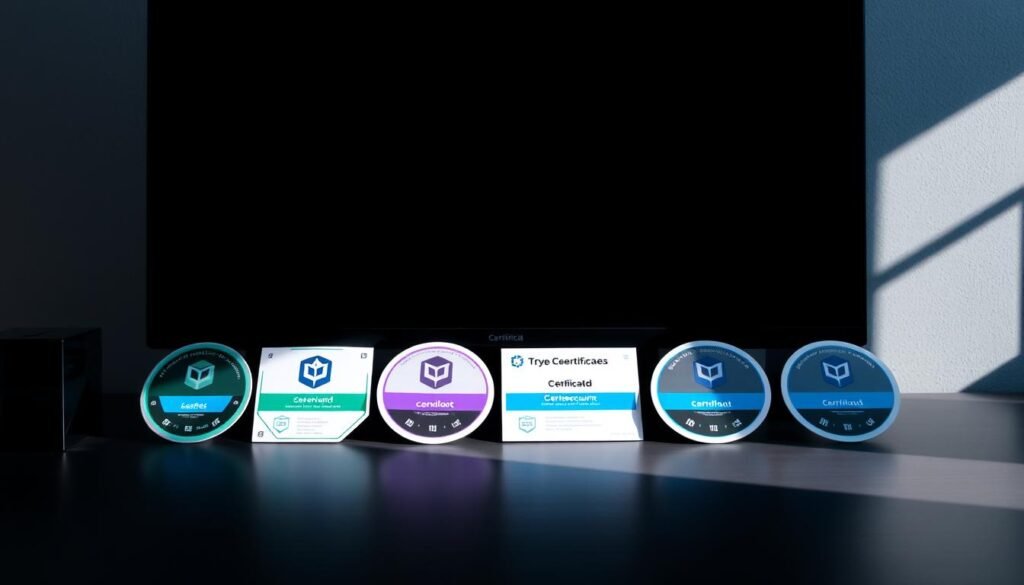 A sleek, modern desktop with cybersecurity certification badges arranged neatly. The badges feature minimalist designs and bold colors, like shades of blue, green, and purple. The certifications are displayed against a dark, muted background, creating a sense of professionalism and expertise. Soft, directional lighting from the side casts subtle shadows, adding depth and dimension to the scene. The layout is well-balanced, with the certifications placed in a visually appealing, symmetrical arrangement. The overall impression conveys the importance and value of these certifications in the field of cybersecurity.