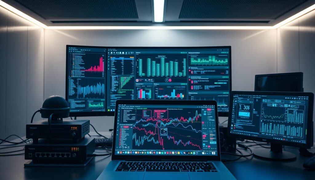 A sleek, modern desktop workspace filled with a variety of network traffic analysis tools. In the foreground, a laptop displays real-time network data visualizations, with colorful lines and shapes representing network activity. Surrounding the laptop are various hardware devices such as a network switch, router, and network analyzer. In the middle ground, a large monitor displays detailed network traffic reports and security alerts. The background features a minimalist, high-tech environment with subdued lighting and clean lines, conveying a sense of professionalism and efficiency. The overall scene evokes a sophisticated, data-driven approach to network security and malware detection. A sleek, modern desktop workspace filled with a variety of network traffic analysis tools. In the foreground, a laptop displays real-time network data visualizations, with colorful lines and shapes representing network activity. Surrounding the laptop are various hardware devices such as a network switch, router, and network analyzer. In the middle ground, a large monitor displays detailed network traffic reports and security alerts. The background features a minimalist, high-tech environment with subdued lighting and clean lines, conveying a sense of professionalism and efficiency. The overall scene evokes a sophisticated, data-driven approach to network security and malware detection.