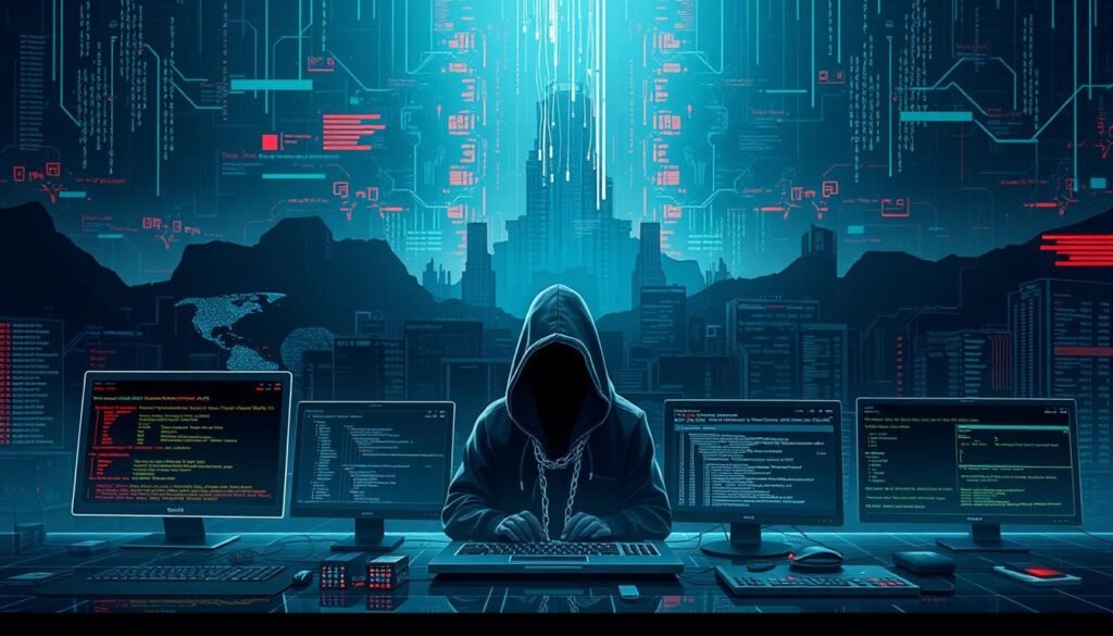 A sleek, modern illustration showcasing various types of rootkits. In the foreground, a selection of malicious rootkit programs are displayed, each with unique visual identities - from stealthy kernel-level modifications to crafty user-mode hooks. The middle ground depicts a complex digital landscape, with abstract representations of system processes, memory structures, and network activities. In the background, ominous binary code and glitching visuals create an atmosphere of cybersecurity threats. Dramatic lighting and a moody color palette convey the severity and technicality of the subject matter. Rendered with a precise, technical aesthetic to match the high-stakes world of rootkit detection and mitigation.