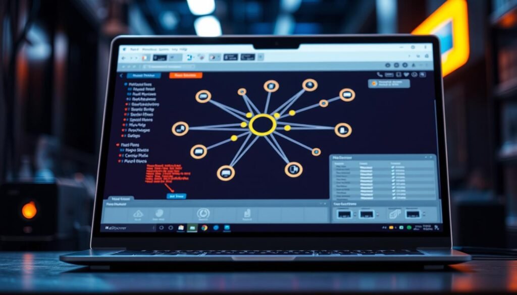 A sleek, modern laptop display showcases the Netdiscover tool, its intuitive interface illuminated by warm, focused lighting. In the foreground, network devices are meticulously scanned, their icons and details clearly visible. The middle ground features a stylized network diagram, lines and nodes representing the interconnected devices. The background subtly blurs, drawing the viewer's attention to the central focus - the Netdiscover tool, a powerful yet accessible solution for network identification and exploration.