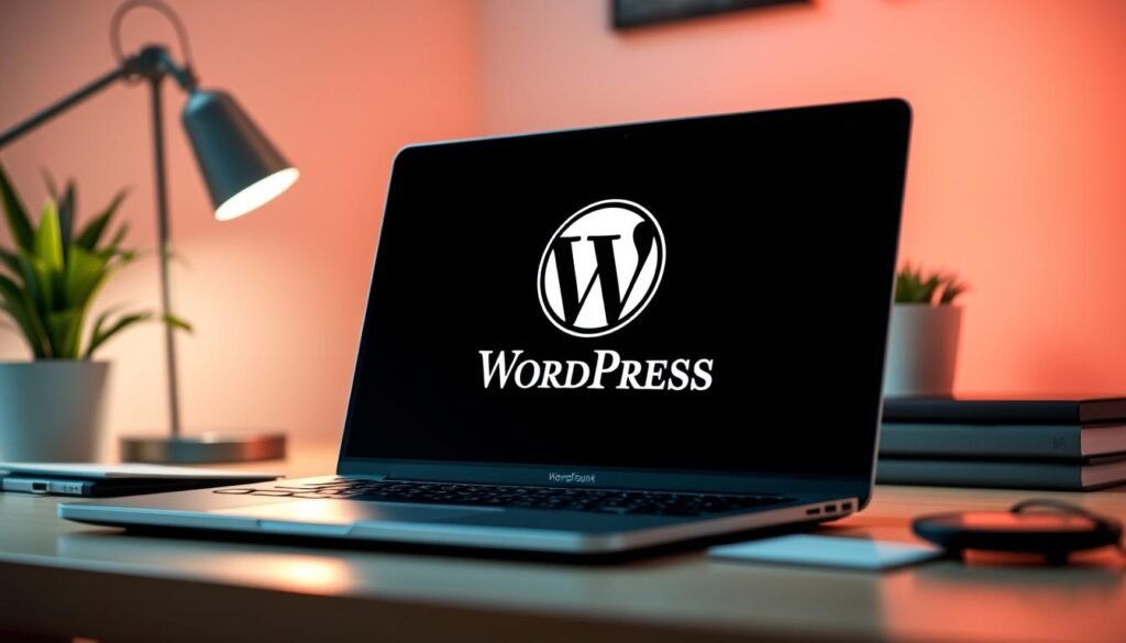 A sleek, modern-looking laptop screen displaying the WordPress logo prominently in the center. The screen is surrounded by a subtle, minimalist workspace setting, with a desk, a stylish desk lamp, and a potted plant in the background, all bathed in warm, soft lighting. The overall scene conveys a sense of professionalism, security, and attention to detail, perfectly suited for an article on WordPress website security and core updates.