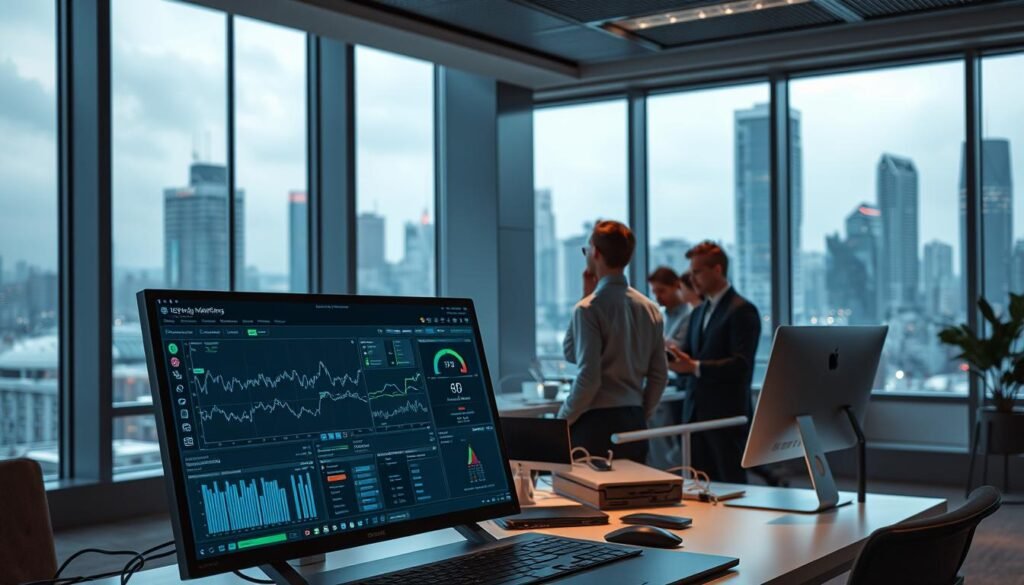 A sleek, modern office interior with large windows overlooking a bustling city skyline. In the foreground, a high-tech workstation displays a detailed network monitoring dashboard, complete with real-time data visualizations, traffic graphs, and security alerts. The workstation is bathed in a soft, ambient lighting that creates a focused, productive atmosphere. In the middle ground, a team of cybersecurity analysts closely examines the dashboard, their expressions intense as they work to detect and mitigate any potential threats. The background features a minimalist, yet sophisticated decor, with clean lines and muted tones that complement the overall aesthetic. The scene conveys a sense of diligence, vigilance, and the importance of proactive network traffic monitoring in safeguarding against malware. A sleek, modern office interior with large windows overlooking a bustling city skyline. In the foreground, a high-tech workstation displays a detailed network monitoring dashboard, complete with real-time data visualizations, traffic graphs, and security alerts. The workstation is bathed in a soft, ambient lighting that creates a focused, productive atmosphere. In the middle ground, a team of cybersecurity analysts closely examines the dashboard, their expressions intense as they work to detect and mitigate any potential threats. The background features a minimalist, yet sophisticated decor, with clean lines and muted tones that complement the overall aesthetic. The scene conveys a sense of diligence, vigilance, and the importance of proactive network traffic monitoring in safeguarding against malware.