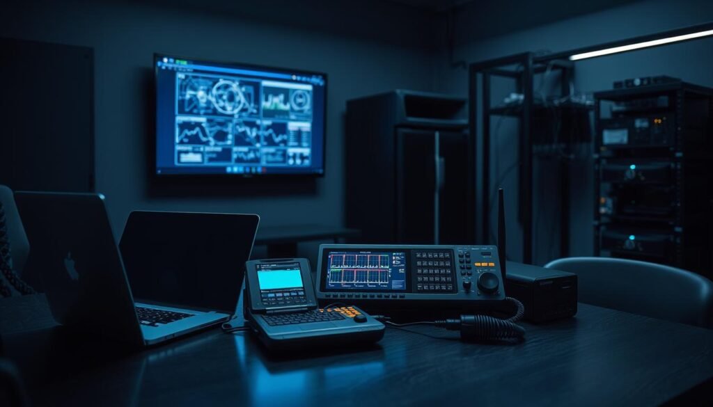 A sleek, modern office setting with a dimly lit, focused atmosphere. In the foreground, an array of advanced network scanning tools are arranged on a dark wooden desk - including a laptop, a network analyzer, and a handheld wireless sniffer. The middle ground features a large monitor displaying network topology and security metrics, casting a soft, bluish glow. In the background, a minimalist wall-mounted server rack and cable management system convey a sense of technical proficiency. The lighting is subtle and directional, emphasizing the tools and technology. The overall scene conveys a professional, analytical approach to assessing network security.