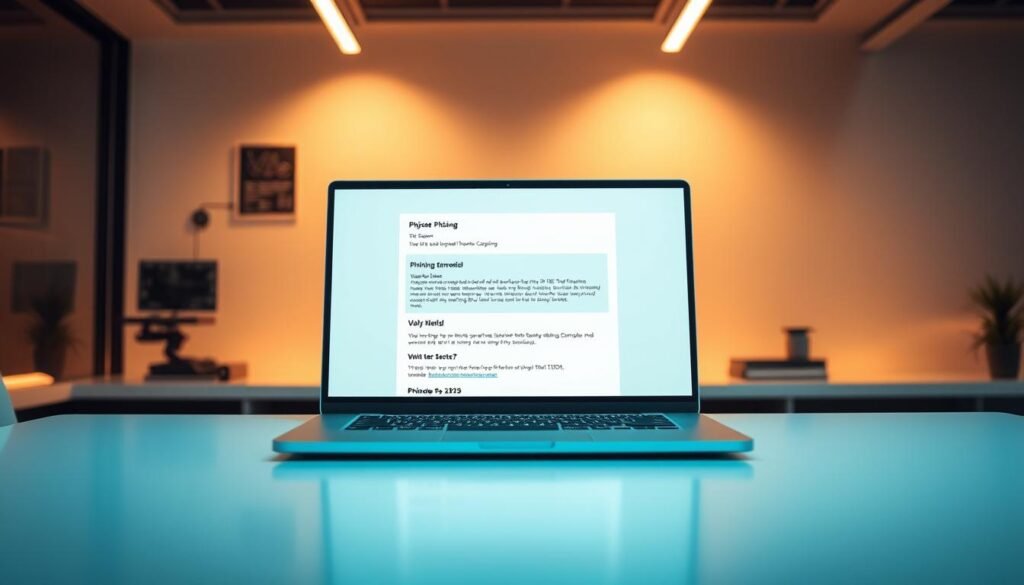 A sleek, modern office setting with a laptop on a minimalist desk. The screen displays a phishing email, its subject line and sender details visible. Soft, warm lighting creates a professional atmosphere, while a subtle background of network diagrams and cybersecurity icons suggests the educational context. The scene conveys a sense of careful planning and strategic execution for a phishing simulation campaign, designed to enhance security awareness training.