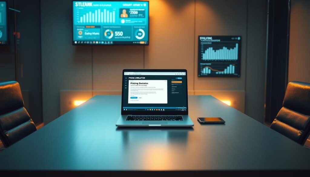 A sleek, modern office setting with a large desk and two chairs. On the desk, a laptop displays a phishing simulation screen, its interface intuitive and user-friendly. The lighting is bright and professional, casting a warm glow across the scene. In the background, a wall-mounted monitor displays security metrics and analytics, providing insights into the simulation's effectiveness. The overall atmosphere conveys a sense of secure, controlled experimentation, with the goal of enhancing organizational cybersecurity awareness.