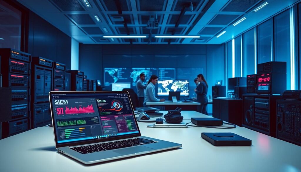 A sleek, modern office setting with a large desk showcasing an array of SIEM (Security Information and Event Management) tools. In the foreground, a laptop displays a comprehensive dashboard, with various data visualizations and threat detection alerts. Surrounding the desk, state-of-the-art security appliances, such as firewalls and network sensors, are neatly arranged, conveying a sense of control and vigilance. The middle ground features a team of cybersecurity professionals, intently analyzing the data and collaborating to identify and mitigate potential threats. The background is bathed in a soft, blue-tinted lighting, creating a focused and serious atmosphere, representative of the critical nature of the security team's work. A sleek, modern office setting with a large desk showcasing an array of SIEM (Security Information and Event Management) tools. In the foreground, a laptop displays a comprehensive dashboard, with various data visualizations and threat detection alerts. Surrounding the desk, state-of-the-art security appliances, such as firewalls and network sensors, are neatly arranged, conveying a sense of control and vigilance. The middle ground features a team of cybersecurity professionals, intently analyzing the data and collaborating to identify and mitigate potential threats. The background is bathed in a soft, blue-tinted lighting, creating a focused and serious atmosphere, representative of the critical nature of the security team's work.