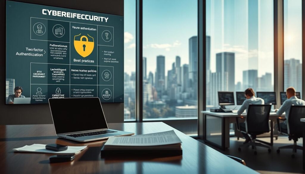 A sleek, modern office setting with a large window overlooking a bustling city skyline. In the foreground, a desk with a laptop, secure authentication devices, and a stack of documents. On the wall, a display showcases various security protocols and best practices, including two-factor authentication, encryption, and access control policies. The lighting is bright and natural, creating a professional and efficient atmosphere. In the background, a team of cybersecurity experts collaborates at workstations, their screens reflecting the latest threat intelligence and defensive measures. The overall scene conveys a sense of proactive, multilayered security practices that safeguard the organization.