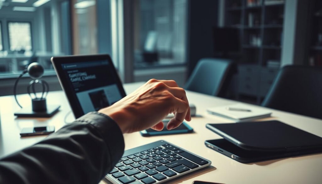 A sleek, modern office workspace with a laptop, smartphone, and other digital devices on a clean, minimalist desk. In the foreground, a person's hand hovers over the keyboard, about to click on a suspicious-looking email or website. The lighting is bright and directional, casting dramatic shadows and highlighting the tension of the moment. The background is blurred, conveying a sense of focus and urgency. The overall mood is one of heightened awareness and the potential for a cybersecurity threat, underscoring the importance of phishing simulations for security training.
